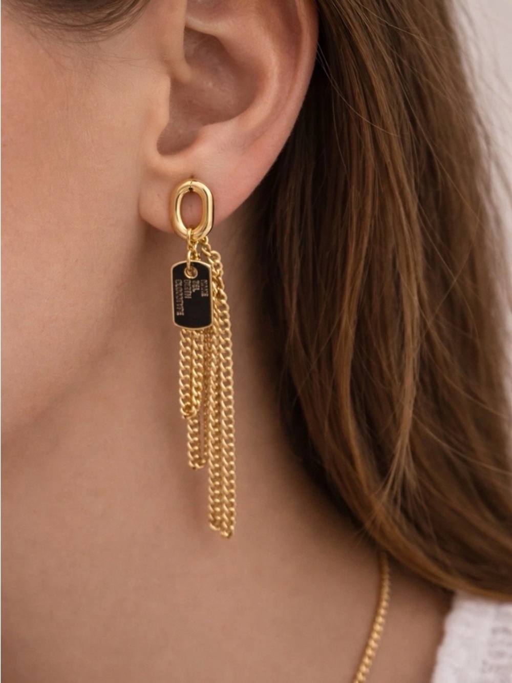 Gold Chain Fringe Earrings Dog Tag Dangle Statement Military Spouse Veteran